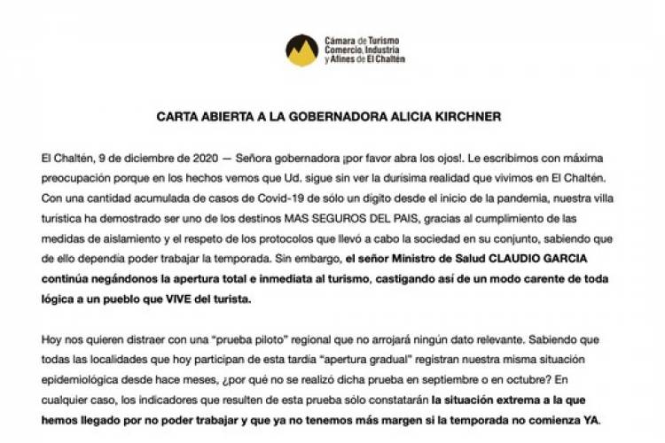 El Chaltén: Carta Abierta a la Gobernadora por reapertura del Turismo