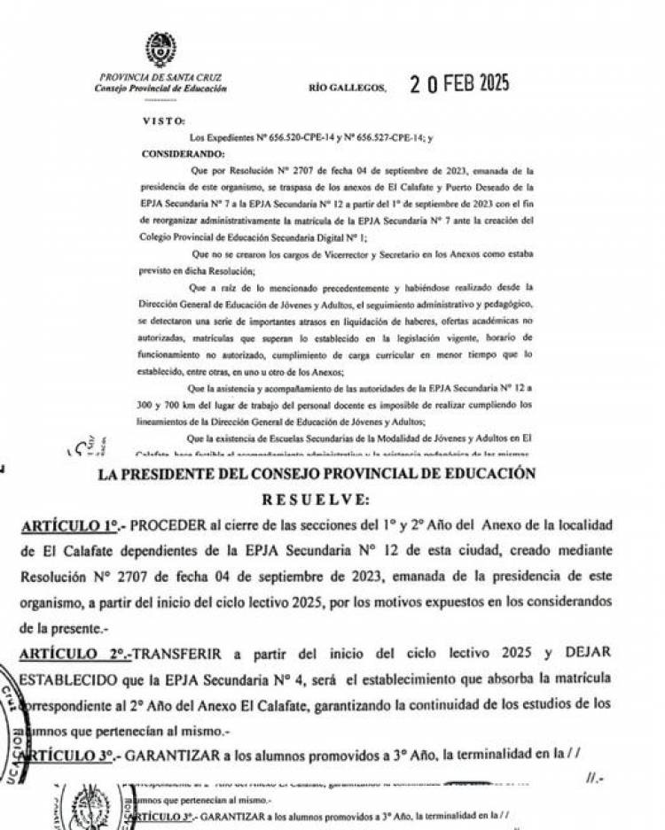 Por disposición del CPE el Anexo EPJA N° 12 en El Calafate dejará de funcionar en 2026 